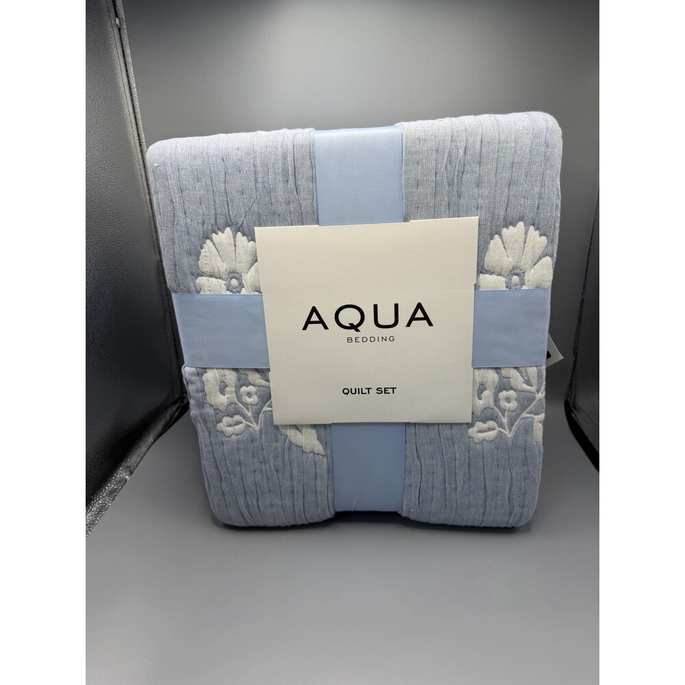 Aqua Bedding Floral Scalloped Reversible TWIN Quilt & Sham Set Powder Blue